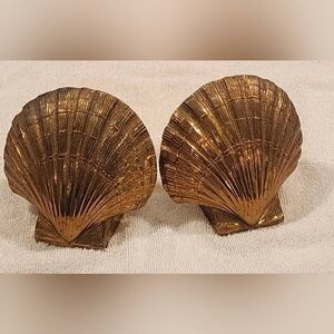 Vintage Mid Century Gilt Metal Sea Shell Form Book Ends Heavy!